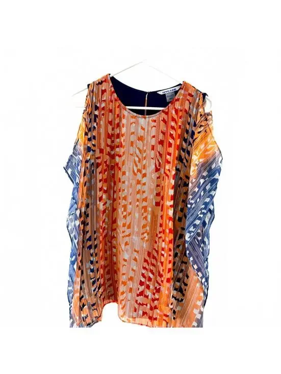 Nygard Orange Print Sheer Poncho Style Open Shoulder Blouse Top- Size Medium - Picture 2 of 7